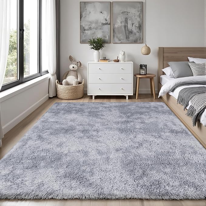 Area Rug for Living Room Bedroom: 6x9 Light Grey Soft Fluffy Shag Upgrade Non-Slip High Pile Carpet Large Fuzzy Plush Indoor Floor Decor Shaggy Rug for Kid Boys Girls Playroom Nursery Modern Home