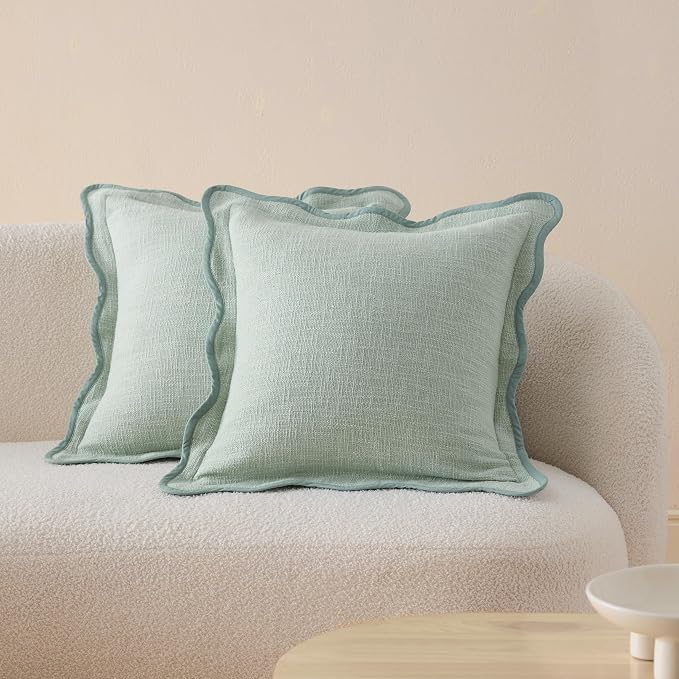Double Stitch Scalloped Throw Pillow Covers - 100% Cotton Set of 2 Decorative Boho Pillow Covers 20 x 20 Inch, Made in India, Square Cushion Case, Modern Home Decor for Couch Sofa, Green Forest