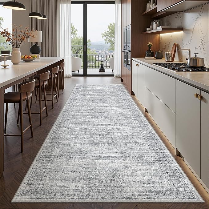 2'6 x 10' Runner Rug Non Slip,Washable Kitchen Rugs,Grey | 10 ft Runner Rug for Hallway,Entryway,Bedroom,Bathroom,Living Room,Thin,Soft, Long Rug,Stain Resistant Indoor Carpet