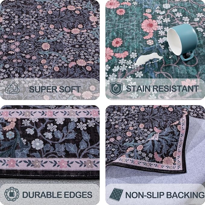 Extra Large 10x14 Area Rug for Living Room, Washable Rugs for Dining Room, Bedroom, Non Slip Stain Resistant Carpet, Low Pile Vintage Floral Rug (Black)