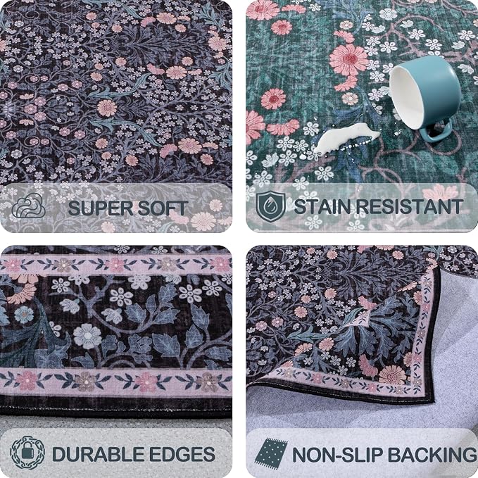 Washable 2'6" x 8' Runners for Hallways, Non Slip Long Floor Runner for Kitchen, Entryway Indoor, Stain Resistant Rubber Backing Floral Decor Rug (Black)
