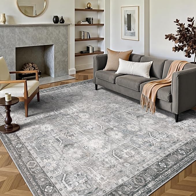 6x6 Square Area Rug, Soft Non Slip Low Pile Washable Rug, Boho Modern Area Rug for Bedroom, Laundry Room, Distressed Grey