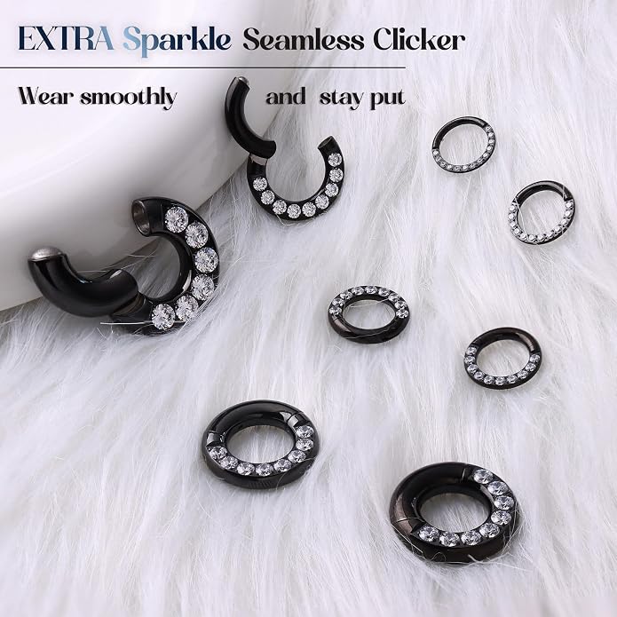BodyBonita G23 Titanium 0G 2G 4G 6G 8G 10G 12G 14G CZ Septum Rings PA Nose Hoops Clicker Ear Weights for Stretched Ear Piercing Jewelry 10mm 12mm Silver/Gold/Black