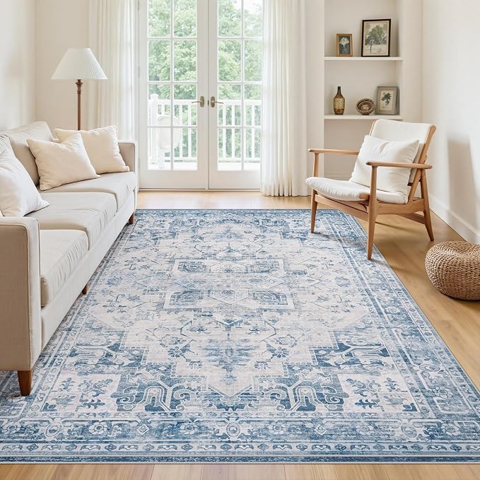 6x9 Area Rugs for Living Room:Blue Washable Vintage Medallion Boho Rug Non-Slip No Slip Stain Resistant Soft Low Pile Large Rugs Indoor Retro Carpet for Bedroom Nursery Dining Office (Blue Grey 6'x9')