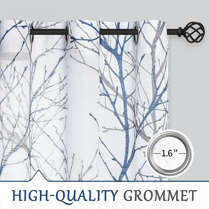 FMFUNCTEX Linen Blue White Semi Sheer Patio Curtains 84 Inch Long 1 Panel | Extra Wide Sheer Patterned Patio Door Drapes, Tree Branch Print, Grommet Top for Sliding Doors and Airy Farmhouse Privacy