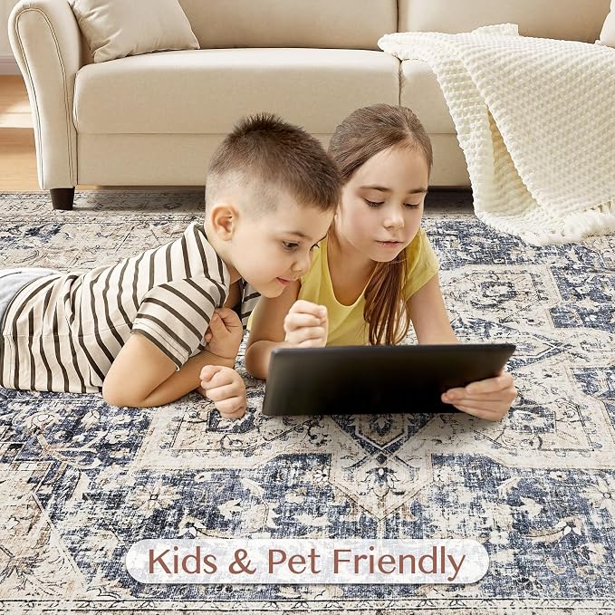 Tortania Area Rug 3x10 Runner Rugs - Washable Vintage Oriental Farmhouse Thin Indoor Carpet for Living Room Bedroom Hallway Entryway Kitchen Under Dining Table Home Office - Cream/Blue