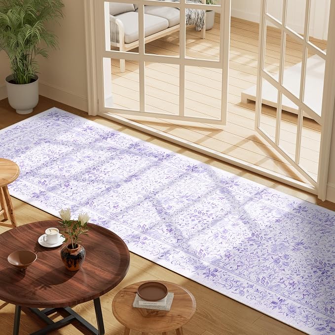 DUKINO 2x8 Runner Rug, Washable Vintage Floral Kitchen Rug, Purple | Non Slip, Low Pile, Non-Shedding, Stain Resistant Aesthetic Soft Carpet Runner for Hallway Bathroom Laundry Bedroom Entryway