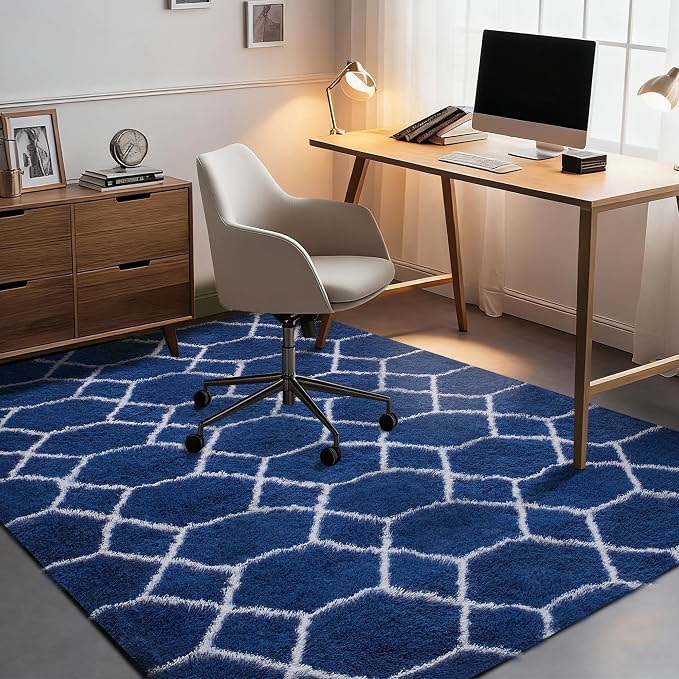Fluffy Rug for Living Room, Soft Modern 8x10 Blue and White Shag Area Rugs | Non Slip Blue Carpet for Bedroom, Home Decor Aesthetic, Washable Large Fuzzy Plush Floor Mat for Nursery Teen Dorm