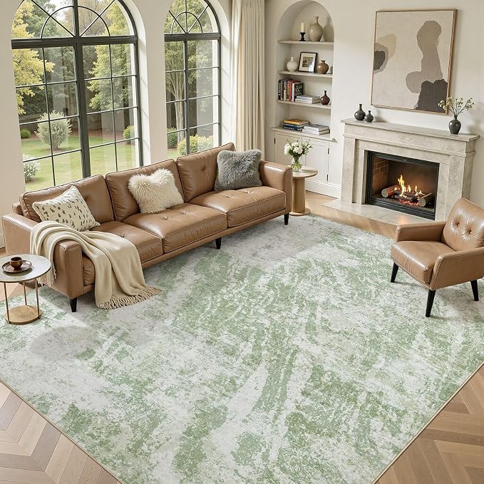 DMOYEST 8x10 Washable Area Rug: Abstract Modern Non-Slip Carpet, Soft Low Pile Indoor Neutral Easy Clean Floor Rugs for Living Room Bedroom Dining Room Kids & Pets - Green