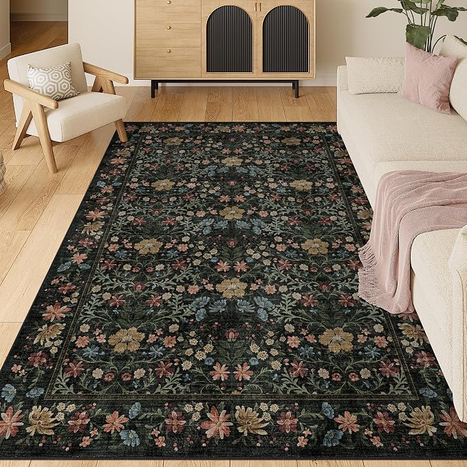 DUKINO 5x7 Area Rugs, Vintage Floral Washable Rug for Living Room, Black | Non Slip, Low Pile, Soft, Lightweight, Boho Indoor Carpet for Bedroom, Office, Dining Room, Dorm Room, Farmhouse, Home Decor