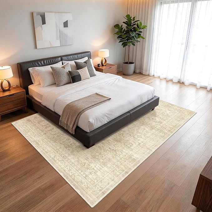Beige Living Room Rugs 8x10, Neutral Vintage Boho Carpet for Bedroom | TTelephant Washable Low Pile Nursery Indoor Area Rug for Dining Room with Non-Slip Silicone Backing, Non-Shedding