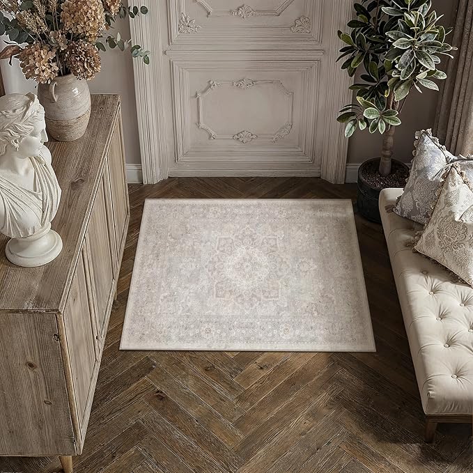 PureCozy 2x3 Washable Small Entryway Rug Grey Vintage Oriental Medallion | Non Slip, Soft Low Pile, Door Mat for Bathroom, Indoor Entrance, Kitchen, Retro Decor