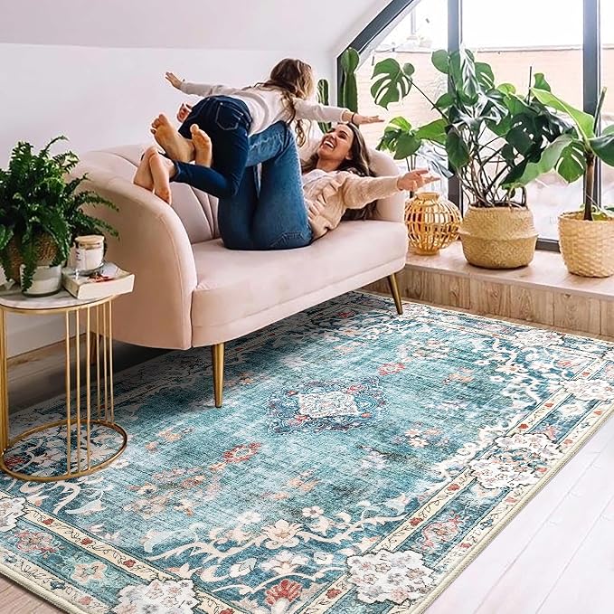 MUJOO Boho Rug 4'x6.5' Area Rugs Washable Non Slip Low-Pile Floral | Machine Washable Throw Carpet for Bedroom Living Room Office Entryway Small Soft Floor Indoor Flowers Blue Colorful
