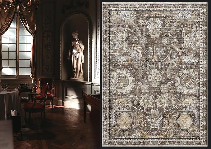 RUGSURE Washable Area Rugs - Perfect for Living Room, Bedroom, Kids Room, Nursery - Stain & Water Resistant Non-Slip, Pet & Child Friendly, Vintage Tribal Area Rugs (Ivory, 5' x 7')