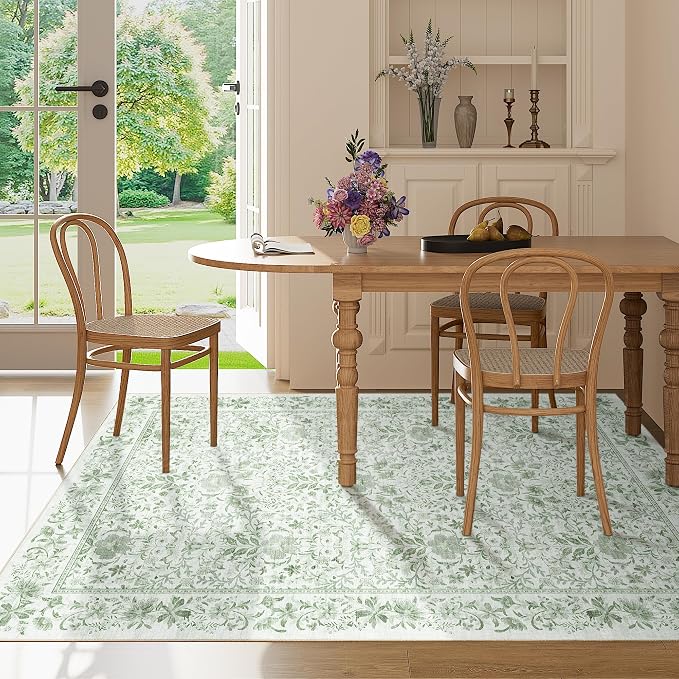 DUKINO 4x6 Rug for Living Room, Washable Vintage Floral Area Rug Sage Green | Non Slip, Low Pile, Non-Shedding, Aesthetic Lightweight Soft Indoor Carpet for Bedroom Kitchen Bathroom Entryway Farmhouse