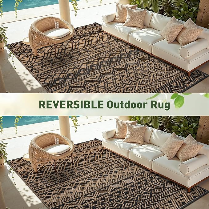 MontVoo Outdoor Rug Carpet Waterproof 6x9 Outdoor Patio Rug Mat Reverisble Plastic Straw Outdoor Rug for RV Camping Picnic Beach Balcony Boho Black Brown
