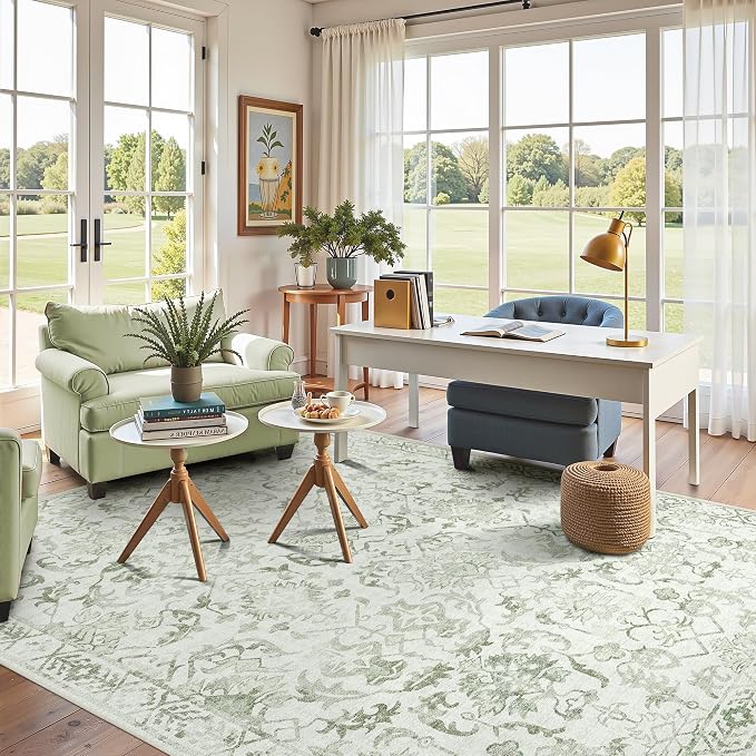 Deerly Sage Rugs 8x10 for Living Room Soft Non-Slip, Large Vintage Area Rug Retro Tribal Farmhouse Stain Resistant Carpet for Bedroom Dining Room Office Guest Room