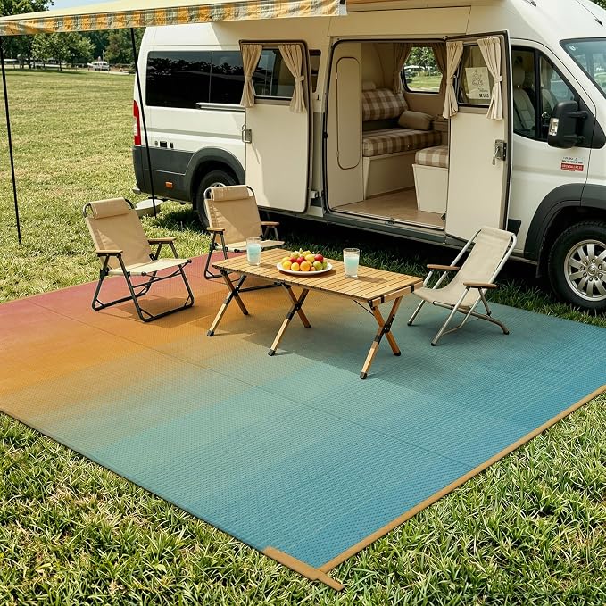 Lahome Extra Large 9x12 Outdoor Patio Waterproof, Reversible Plastic Straw Camping Rv Rugs for Outside Under Awning, Portable Lightweight Carpet for Backyard, Blue Orange 9'x12'