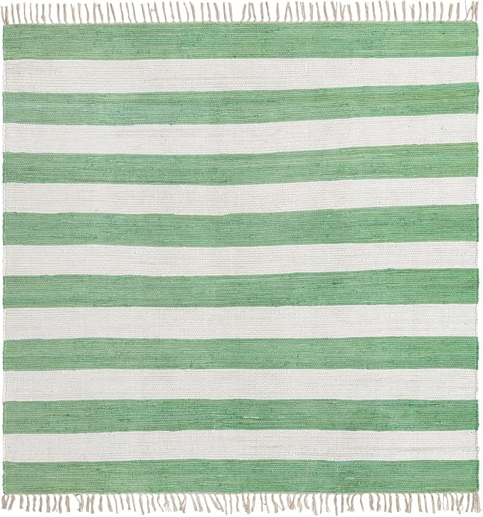 Unique Loom Chindi Rag Collection Area Rug - Striped (7' 10" Square, Green and Ivory)