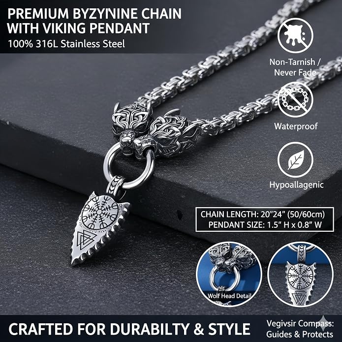 ROWIN&CO Viking Necklace for Men, Stainless Steel Nordic Runes Wolf Head Spearhead & Trinity Knot Pendant with Byzantine Chain Amulet, Norse Mythology Pagan Gothic Biker Jewelry Gift