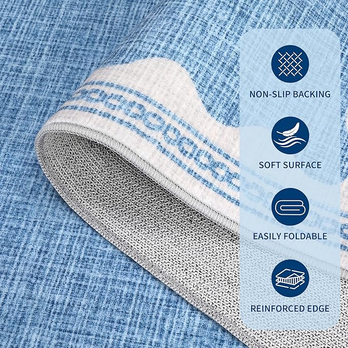 GarveeHome 2x10 Runner Rug for Hallway Washable Kitchen Rugs Non Slip Solid Blue Modern Minimalism Soft Low-Pile Scalloped Indoor Carpet for Entryway Laundry Room Floor Mats