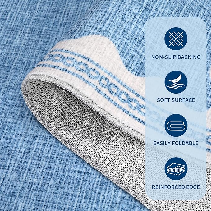 GarveeHome 5x7 Rug for Living Room, Scalloped 5 X 7 Area Rugs Washable Non-Slip Solid Blue Modern Minimalism Low-Pile Carpet for Bedroom Dining Nursery Mat with Rubber Back