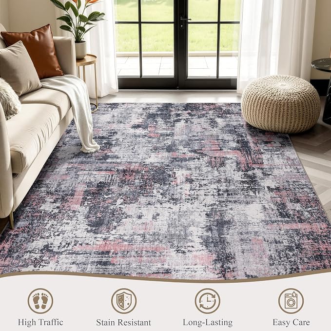 Sasttie 10x14 Soft Area Rug for Living Room, Modern Abstract Washable Large Carpet for Bedroom, with Non-Slip Backing, Black and Pink