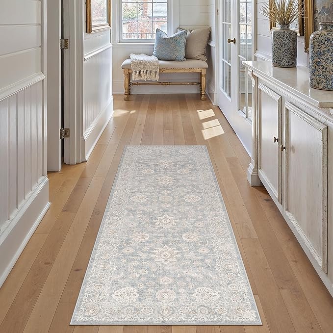 2x5 Blue Cream Washable Runner Rug for Kitchen Hallway Neutral Floral Soft Non Slip Rug Low Pile Distressed Carpet for Bathroom Bedroom Indoor Nursery