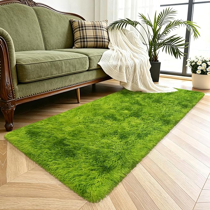 2x5 Feet Tie-Dye Green Shag Fluffy Rug for Bedroom, Soft Fuzzy Plush Carpet Runner for Bedroom, Cute Grass Green Runner for Kids Girls Room, Baby Nursery, Teen Dorm, Home Decor Aesthetic