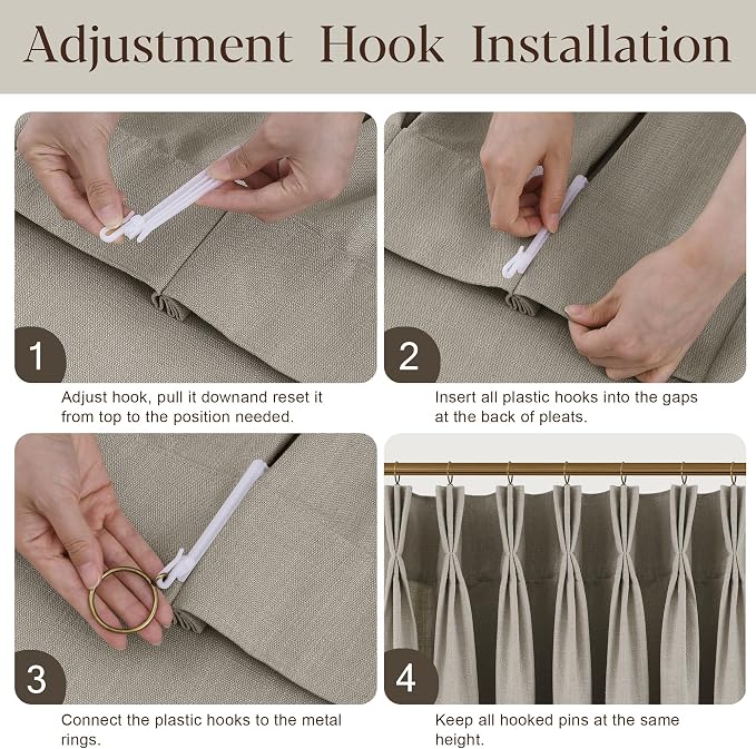 90 Inch Triple Pinch Pleated Linen Curtains 2 Panel Set for Living Room Grey Beige Linen Textured Drapes 90 Inches Long Pinch Pleat Curtain Tan Brown Semi Sheer Light Filtering for Dining Room Office