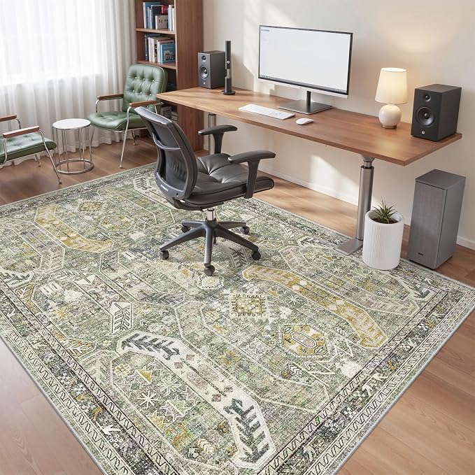 befbee 6x9 Area Rugs for Living Room - Stain Resistant Machine Washable Rugs for Bedroom,Non-Slip Backing Large Area Rug (Green/Gold, 6'x9')