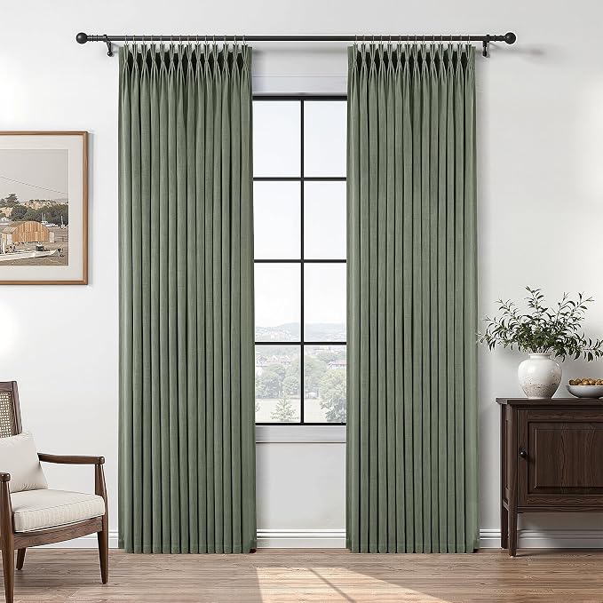 Sage Green Pinch Pleated Linen Curtains 84 Inch Length 2 Panels for Living Room Bedroom Semi Sheer Window Drapes Light Filtering Privacy Boho Farmhouse Pinch Pleat Curtain 84 Inches with Hooks Rings