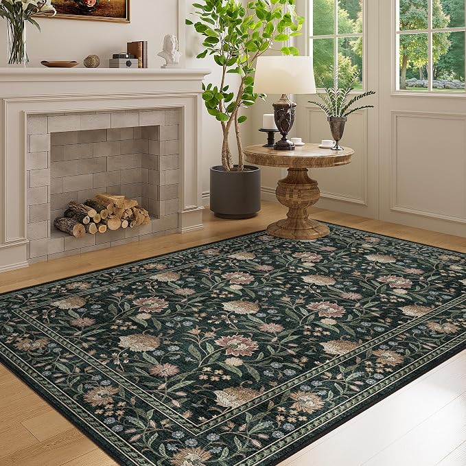 DUKINO 4x6 Area Rug, Washable Vintage Floral Rug for Living Room Dark Green | Non Slip, Low Pile, Stain Resistant Boho Lightweight Soft Indoor Carpet for Bedroom Office Dining Room Entryway Farmhouse