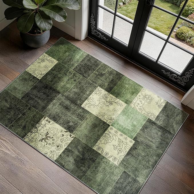 LIANLAM 2x3 Washable Entryway Rug,Non-Slip Indoor Door Mat with Vintage Boho Checkered Pattern, Stain & Water Resistant Faux Wool Low Pile for Front Door,Hall,Kitchen,Bathroom - Easy Clean(2x3,Green)