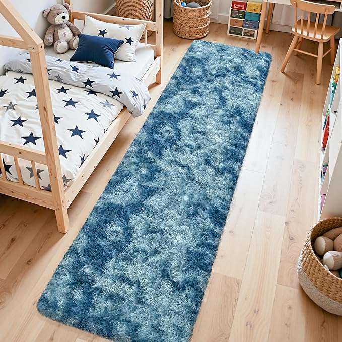 2x10 Feet Soft Fluffy Blue Runner Rug for Bedroom, Washable Plush Shag Carpet Runner for Hallway Living Room, Hallway, Nursery, Dorm, Fuzzy Bedsiluede Rug for Kids Girls Room, Home Decor