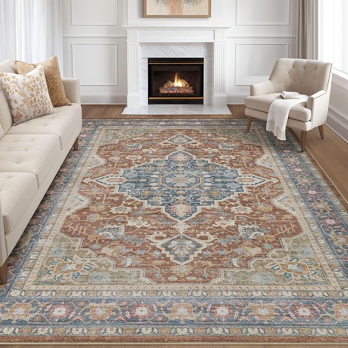 8x10 Area Rugs Living Room: Washable Boho Large Neutral Vintage Soft Rug Stain Resistant Farmhouse Non-Slip Indoor Floor Carpet for Bedroom Nursery Kids Playroom Office Dining Room- Red Multi