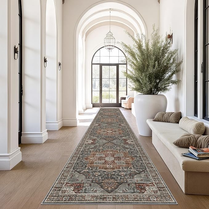 Roxstand 2.6x14 Hallway Runner Rug, Washable Non Slip Rugs, Grey/Brown/Tan | Low Pile Vintage Rug, Stain Resistant, Vintage Long Runner Rugs for Entryway, Living Room, Bedroom, Kitchen, Laundry