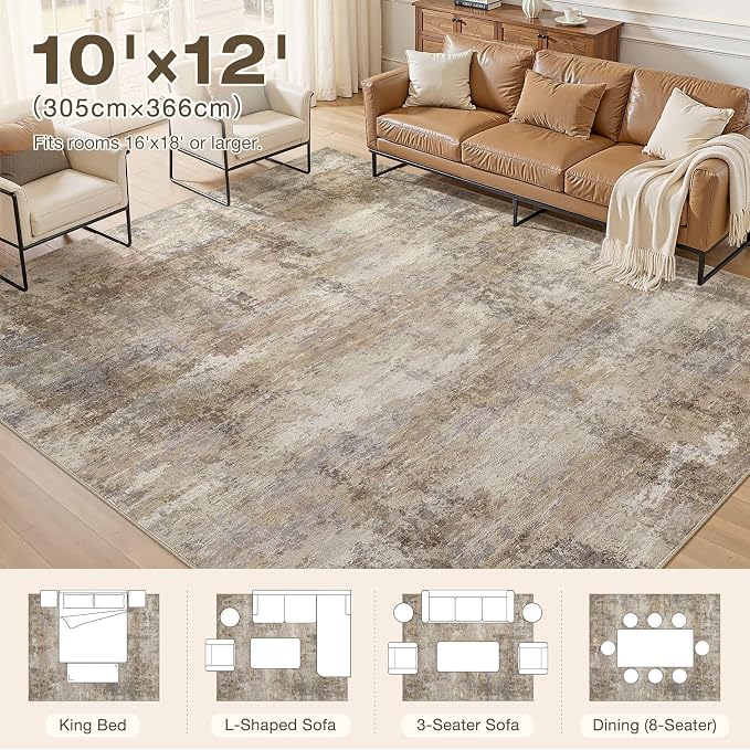 10x12 Large Area Rugs for Living Room, Washable Soft High-Low Pile | Neutral Modern Abstract Carpet, Non Slip Lightweight Made for Dining Room, Nursery, Home Office Indoor Decor - Dark Brown