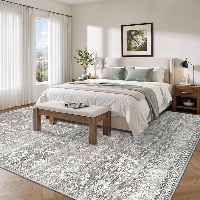 Soalmost 8x10 Area Rugs for Living Room, Washable Bedroom Soft Rug Grey | Vintage Floral Non-Slip Low Pile Stain Resistant Throw Large Neutral Carpet for Dining Room Kitchen Home Office 8'x10'