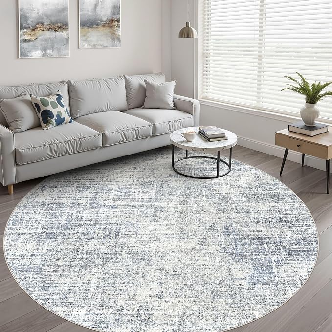 5ft Round Rug Living Room: 5x5 Washable Large Neutral Blue Circle Area Rug Abstract Soft Modern Stain Resistant Indoor Floor Non-Slip Carpet for Bedroom Nursery Kids Office Playroom Dining Room