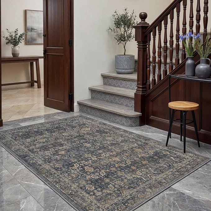 BESBLEE 3X5 Area Rugs Machine Washable Rugs for Living Room, Vintage Boho Large Rugs for Bedroom Dining Room, Non Slip Indoor Soft Distressed Lightweight Thin Low Pile Carpet, Deep