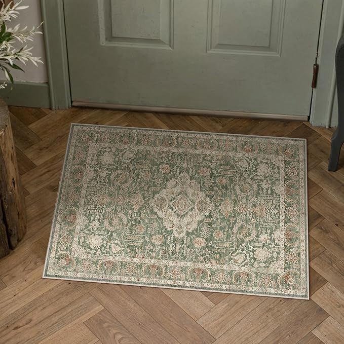 HUGEAR 2x3 Entryway Rug Green Machine Washable Rug Small Area Rugs Room Decor Vintage Distressed Indoor Door Mat Low Pile Non Slip Carpet for Kitchen Living Bedroom Soft Lightweight