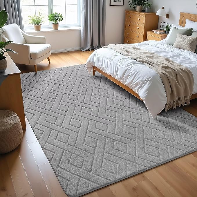 Macgace Ultra Soft Grey Area Rug for Living Room, 6x9 Modern Geometric Shag Rugs with Nonslip Backing for Bedroom, Washable Fuzzy Carpet for Cozy Kids Room