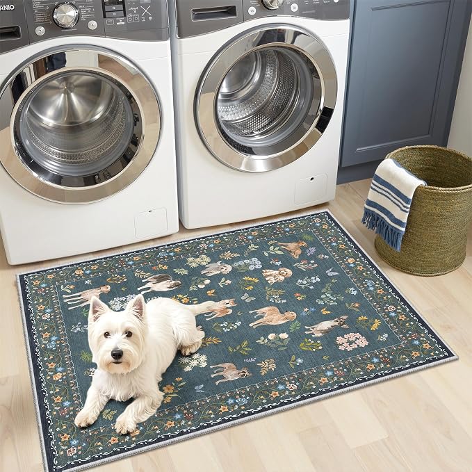 Soalmost 2x3 Dog Rugs for Entryway, Washable Door Mat Soft Rug Navy Blue | Floral Small Cute Animal Area Rug Non-Slip Low Pile Throw Rugs for Entrance Kitchen Indoor Front Door Kids Room 2' x 3'