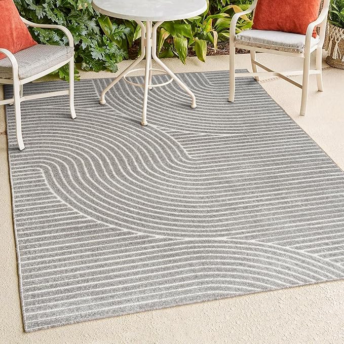 JONATHAN Y Hallie High-Low Curve Gray/Ivory Indoor/Outdoor Area Rug, 4x6, Minimalist, Pet Friendly, Non-Shedding, Stain Resistant, Hose-Washable for Backyard, Patio, Porch (SCN100A-4)