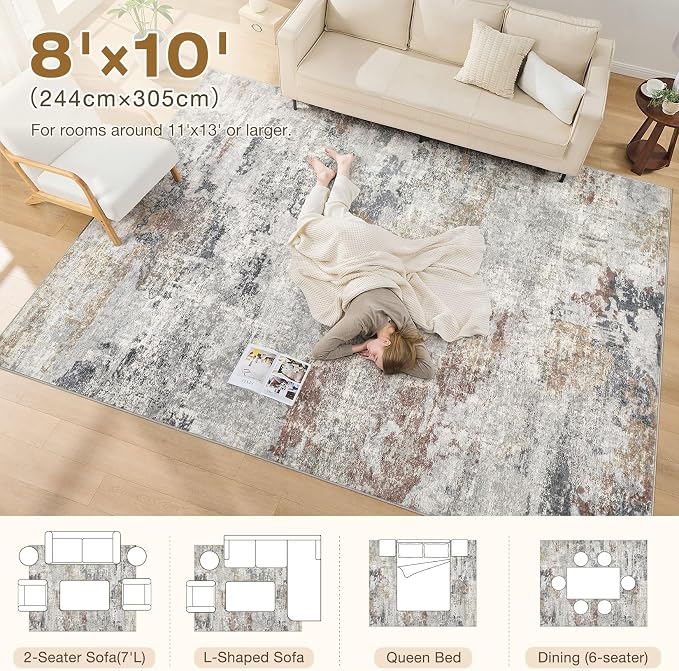 DMOYEST 8x10 Area Rug for Living Room, Washable & Non Slip Large Indoor Carpet, Kid & Pet Friendly Soft Thin Low Pile Abstract Rug for Bedroom and Office - Grey/Orange/Yellow