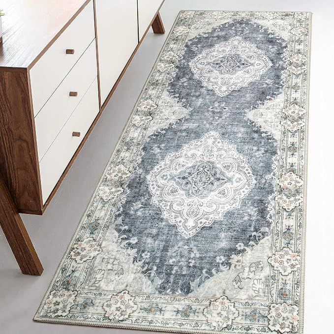 MUJOO Washable Runner Rug 2x6 Area Rugs Non Slip Low-Pile Flowers | Long Throw Carpet for Hallways Entryway Kitchen Bathroom Bedside Bedroom Laundry Boho Soft Indoor Floral Blue and Grey