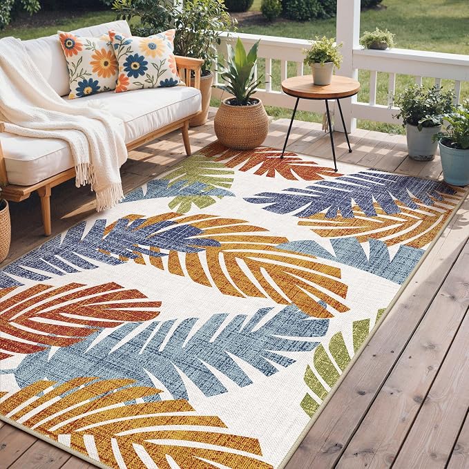 GENIMO 4x6 Outdoor Rug, Washable for Porch and Patio, Leaf Tropical Rust | Botanical leaf design for balcony; fade resistant chenille with quick-dry non-slip backing for deck and indoor space.