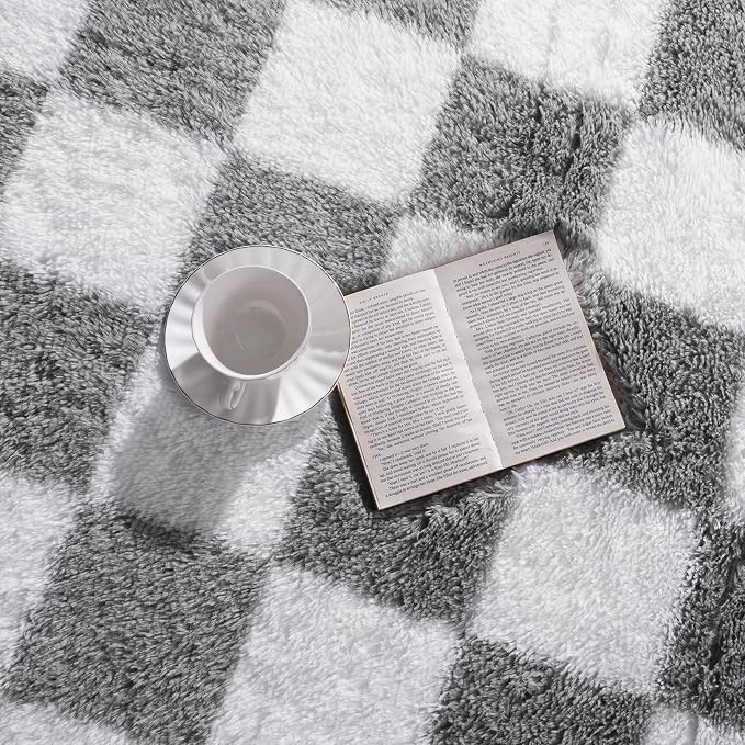 Pionblank 8x10 Area Rugs for Living Room, Fluffy Plush Checkered Rug for Bedroom, Modern Shag Non Slip Soft Furry Large Carpet for Kids Room Nursery Home Decor, Grey and White