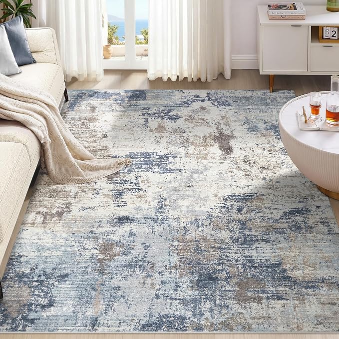 UERMEI 5x7 Area Rug Living Room Rugs - Washable Neutral Modern Abstract Soft Thin Large Rug Indoor Floor No Slip Rug Carpet for Bedroom Under Dining Table Home Office Decor - Denim Blue